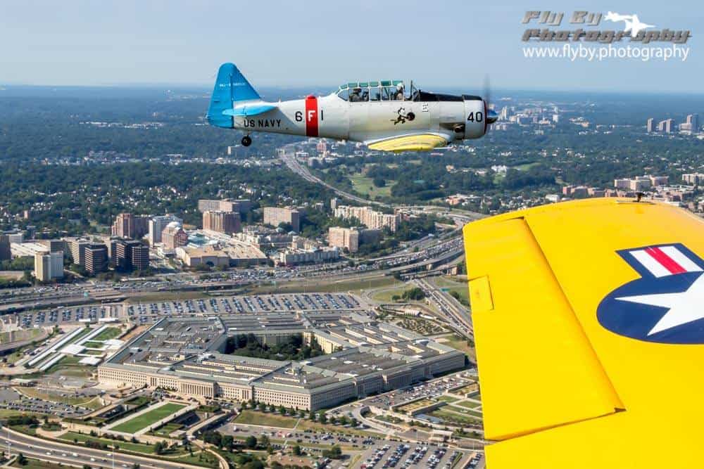 Texan Flight over Arlington National Cemetery with the Pentagon on our left, below.
