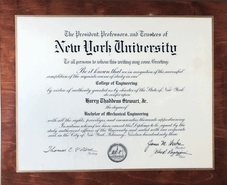 Harry Stewart s NYU graduation diploma 2006 NYU Distinguished Alumni
